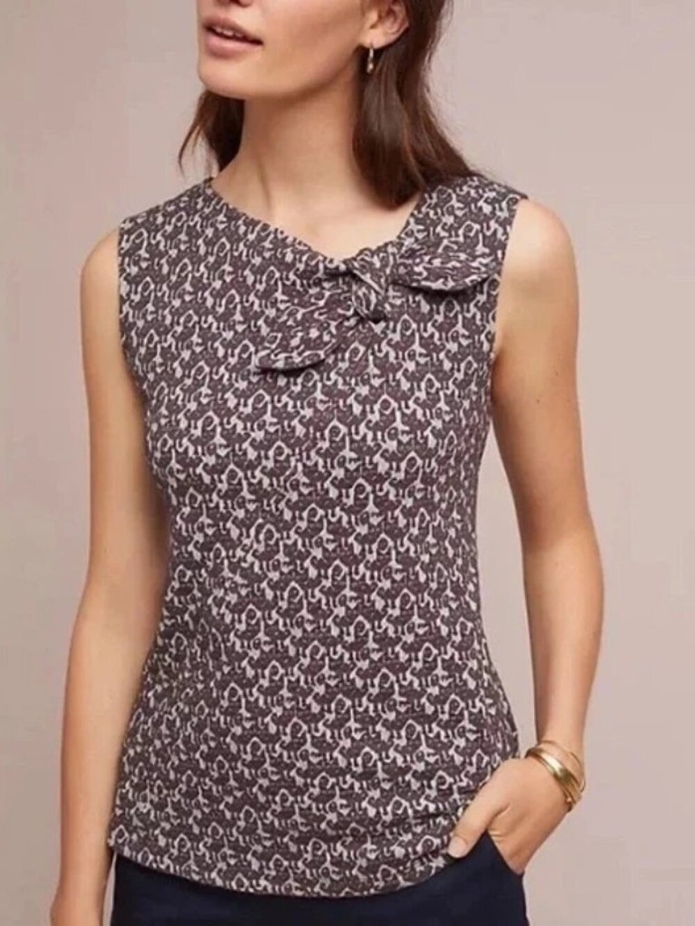 Anthropologie Maeve Cat Print Sleeveless Knit Top Size S Bow Neckline Cotton